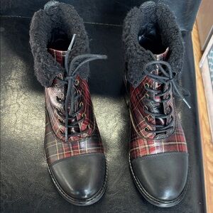 Patricia Nash, Black, Red & Gold Plaid Lace-Up Ankle Boots, 7M